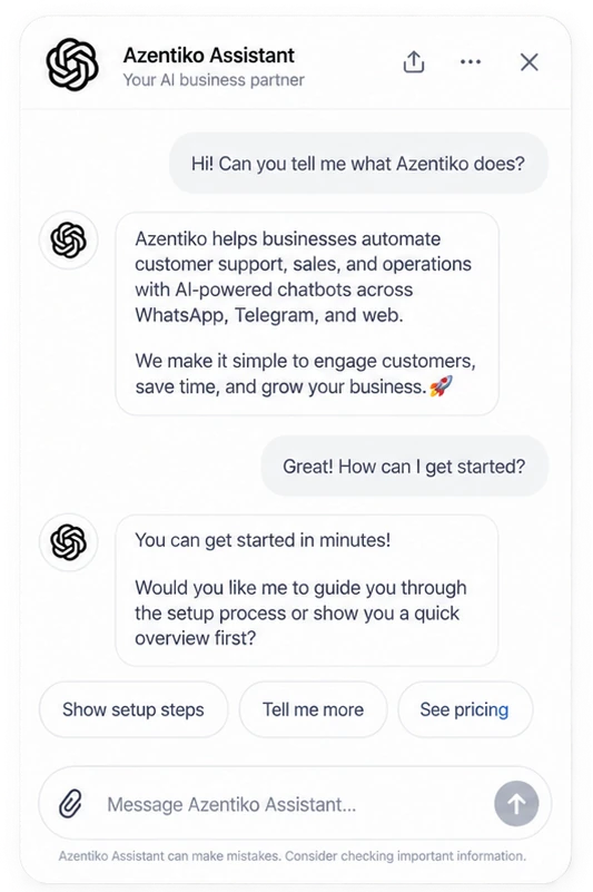 Illustrative ChatGPT channel preview for an Azentiko business assistant