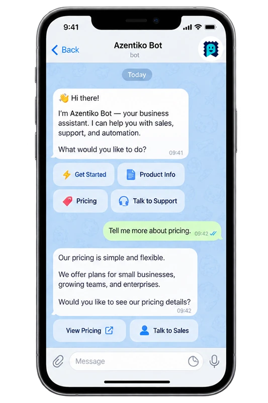 Illustrative Telegram channel preview for an Azentiko business bot