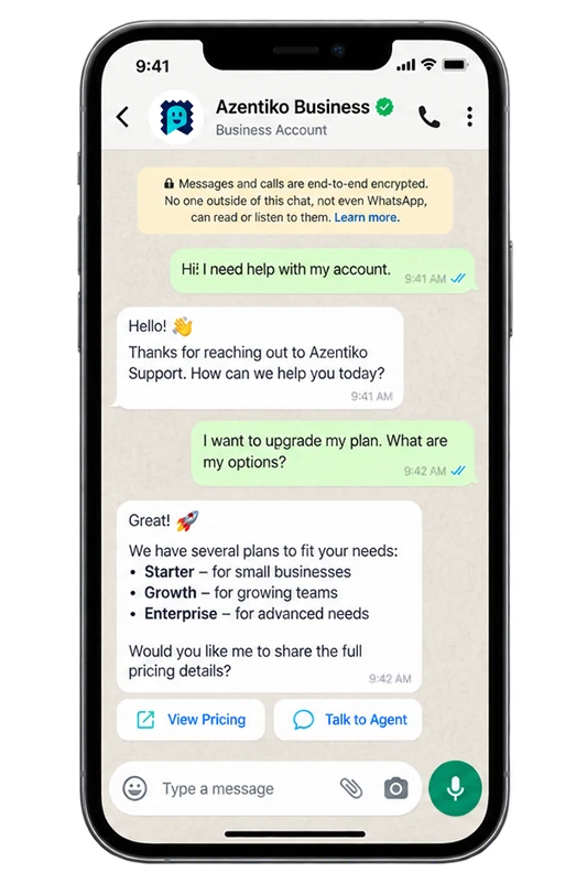 Illustrative WhatsApp channel preview for Azentiko customer support