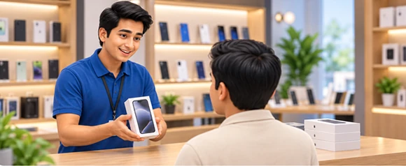 Shopkeeper explaining products in person with printed brochures